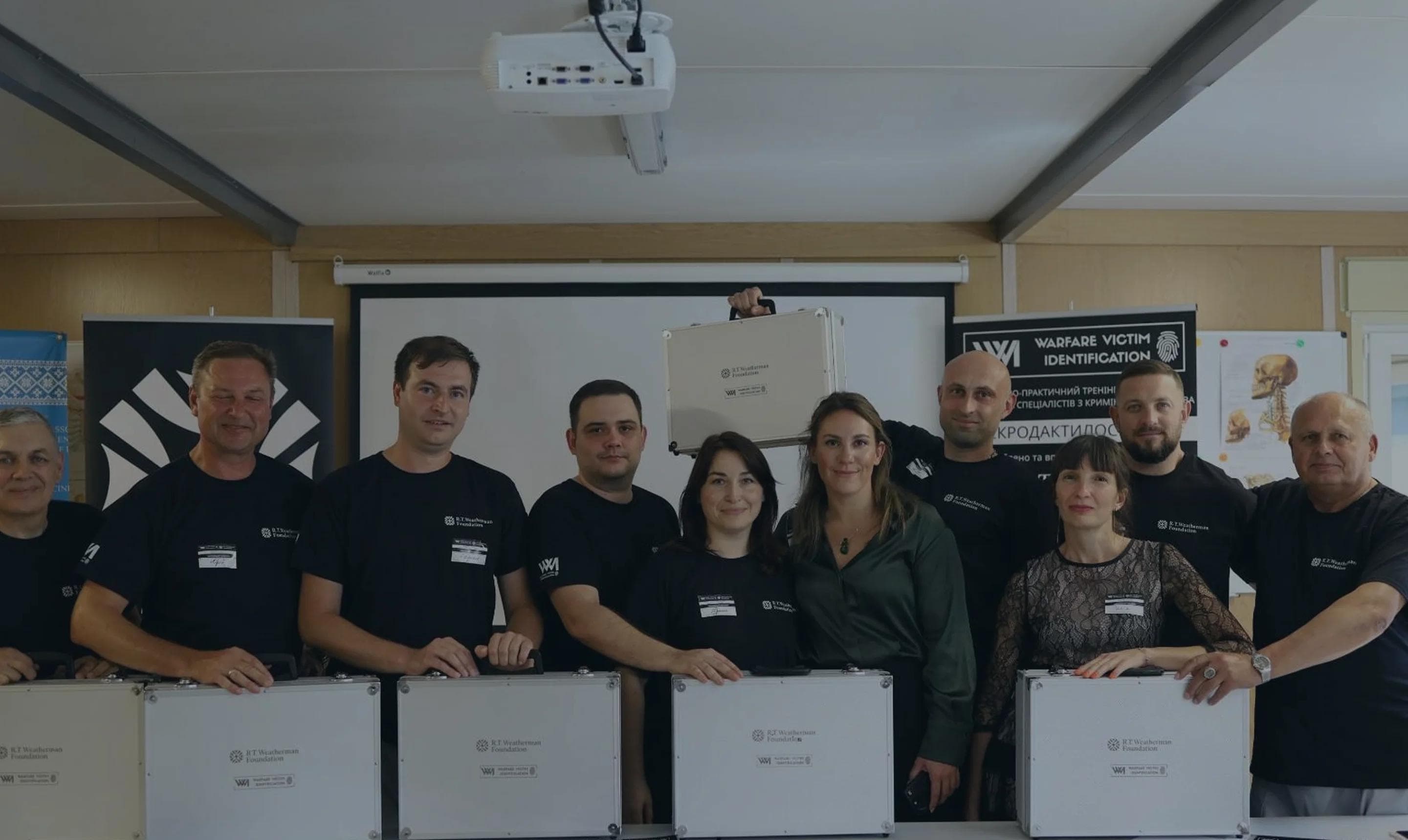 R.T. Weatherman Foundation team with Warfare Victim Identification training kits in Ukraine