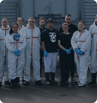 Forensics team in protective suits in Ukraine